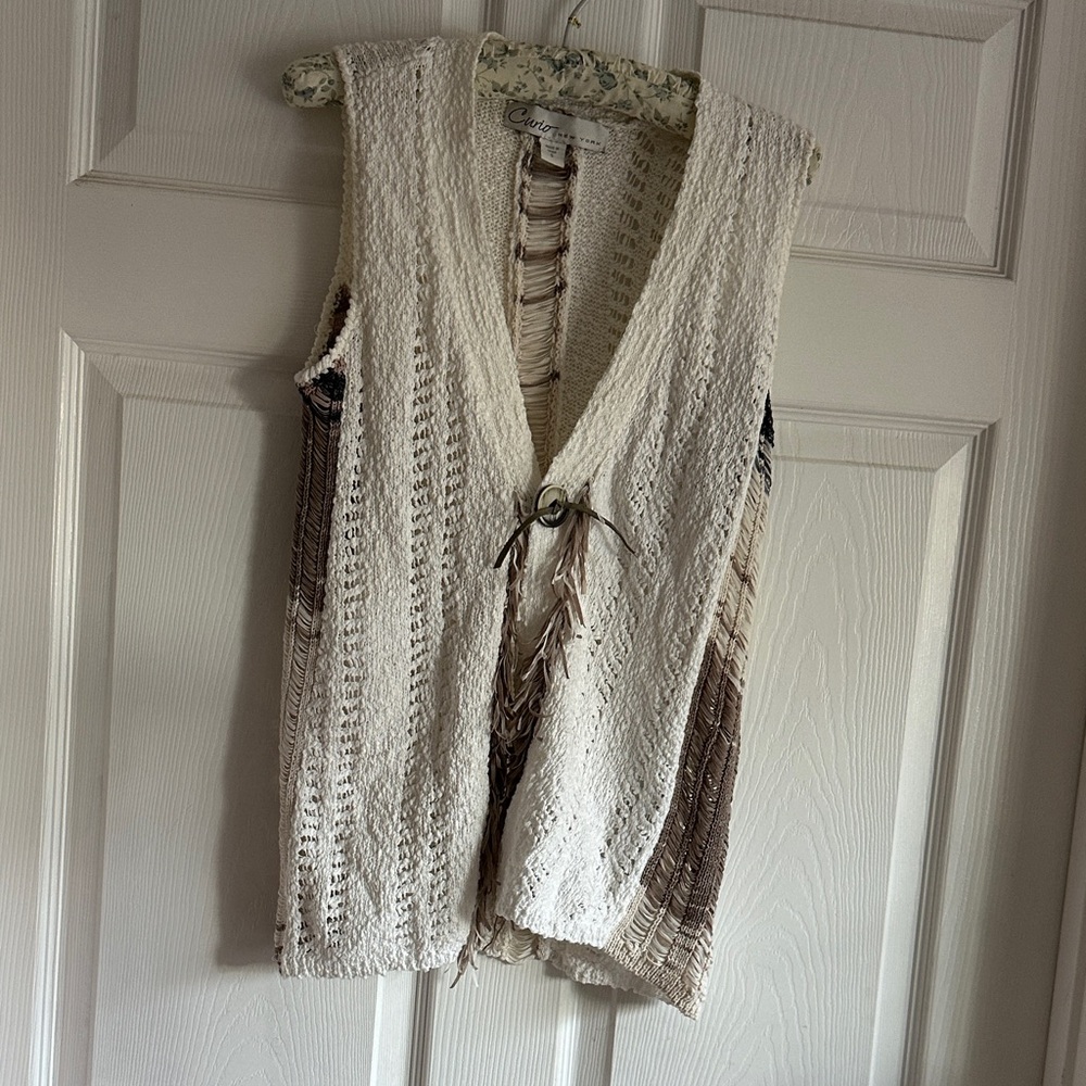 Crochet Open-Front Cream and Brown Vest Vintahe S by Curio New York
